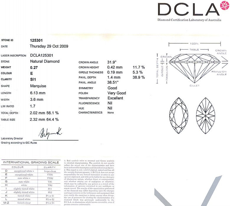 Marquise Cut Diamond 0.27ct E SI1