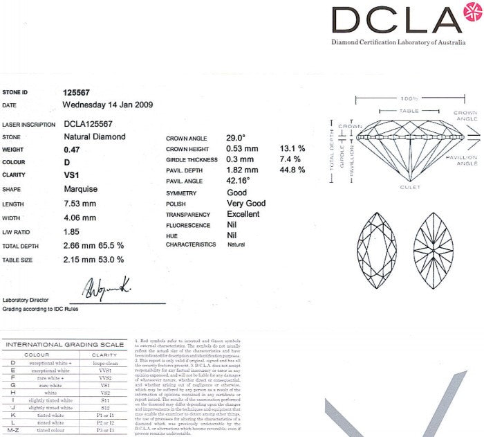 Marquise Cut Diamond 0.47ct D VS1