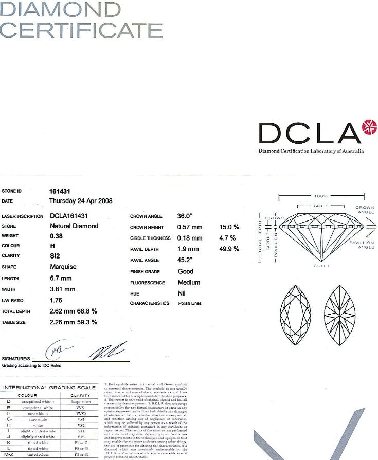 Marquise Shape Diamond 0.38ct H SI2