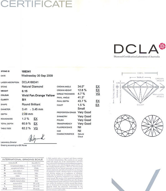 Round Brilliant Cut Diamond Vivid fancy Orange Yellow 0.15ct SI1