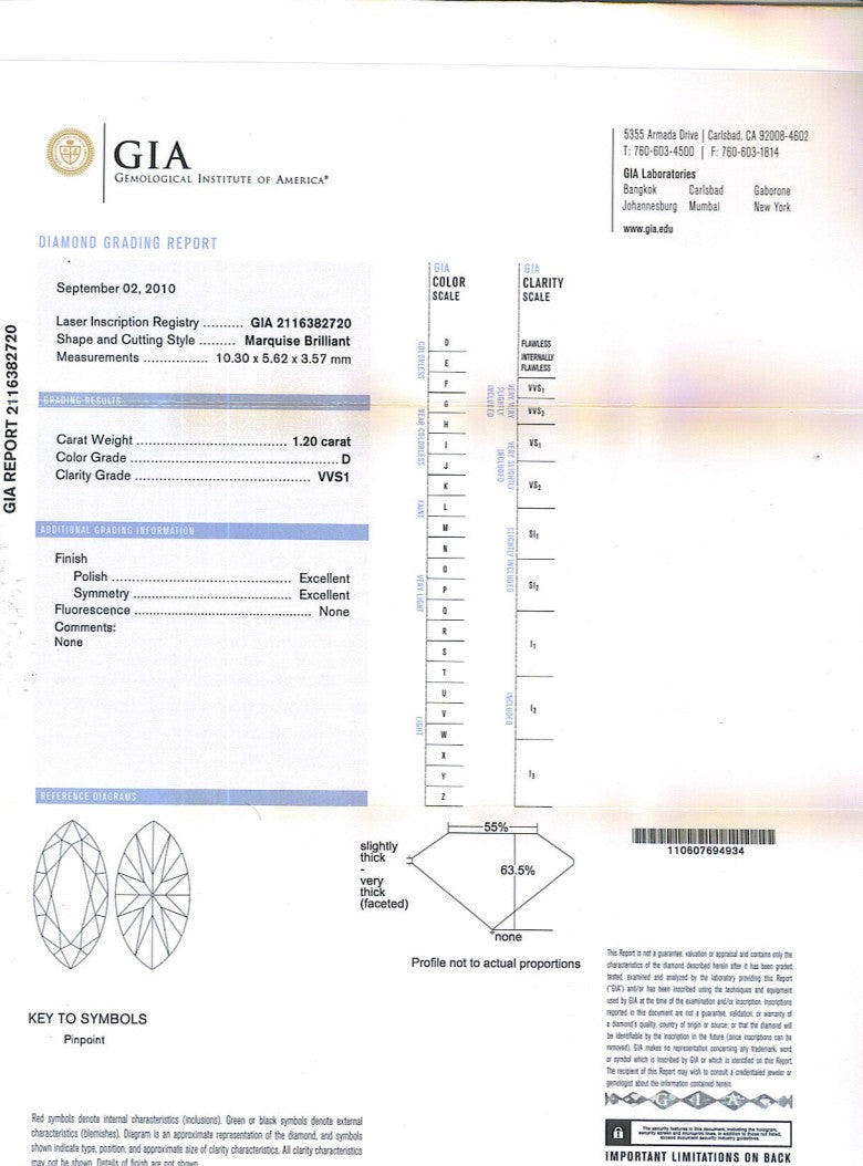 Marquise Cut Diamond 1.20ct D VVS1