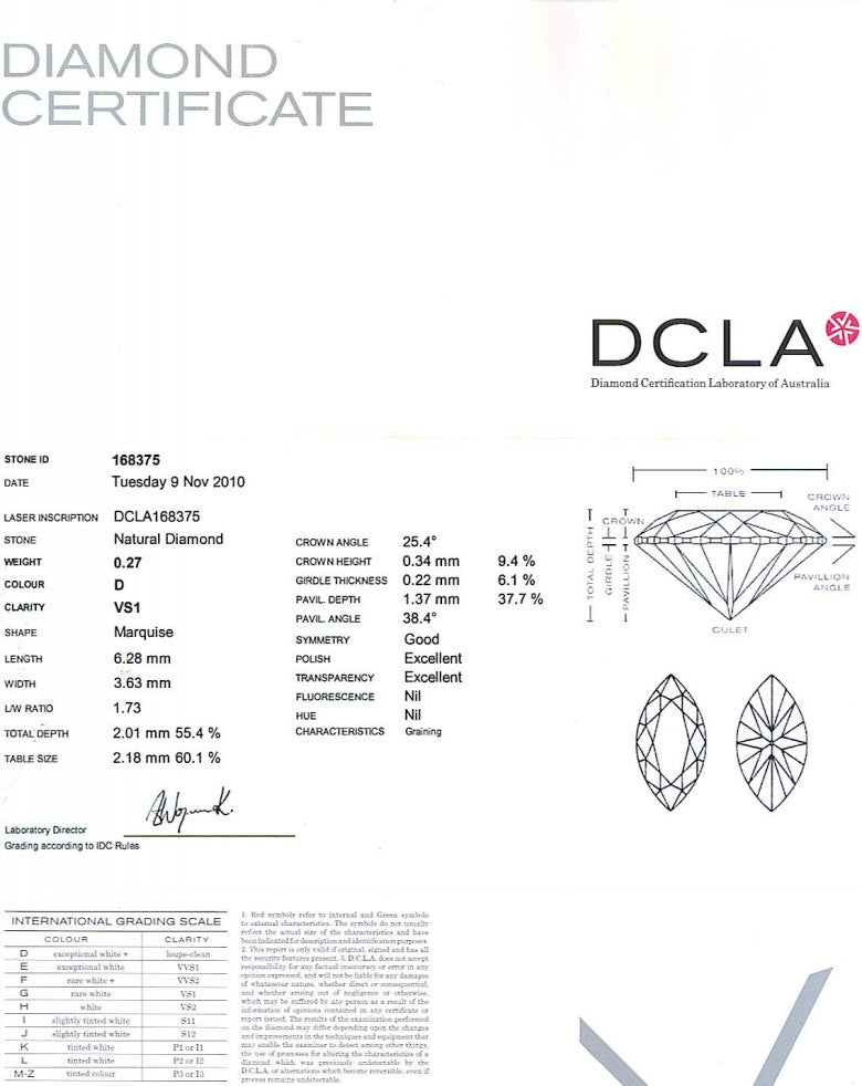 Marquise Cut Diamond 0.27ct D VS1