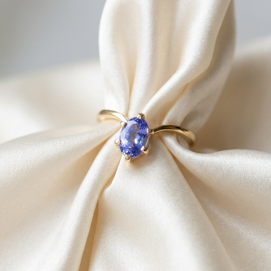 Oval Ceylon blue sapphire ring in yellow gold - side view