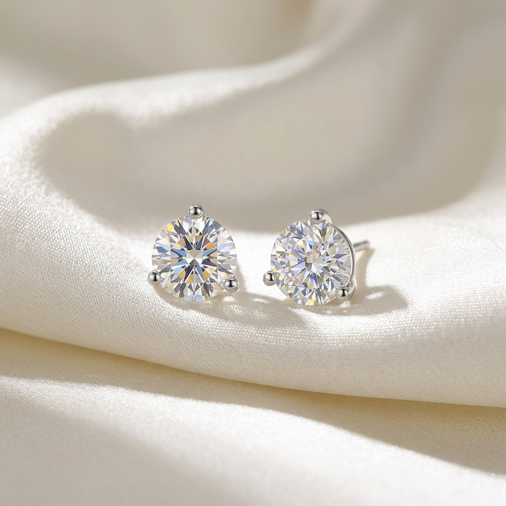 Three claw round diamond stud earrings - angled view