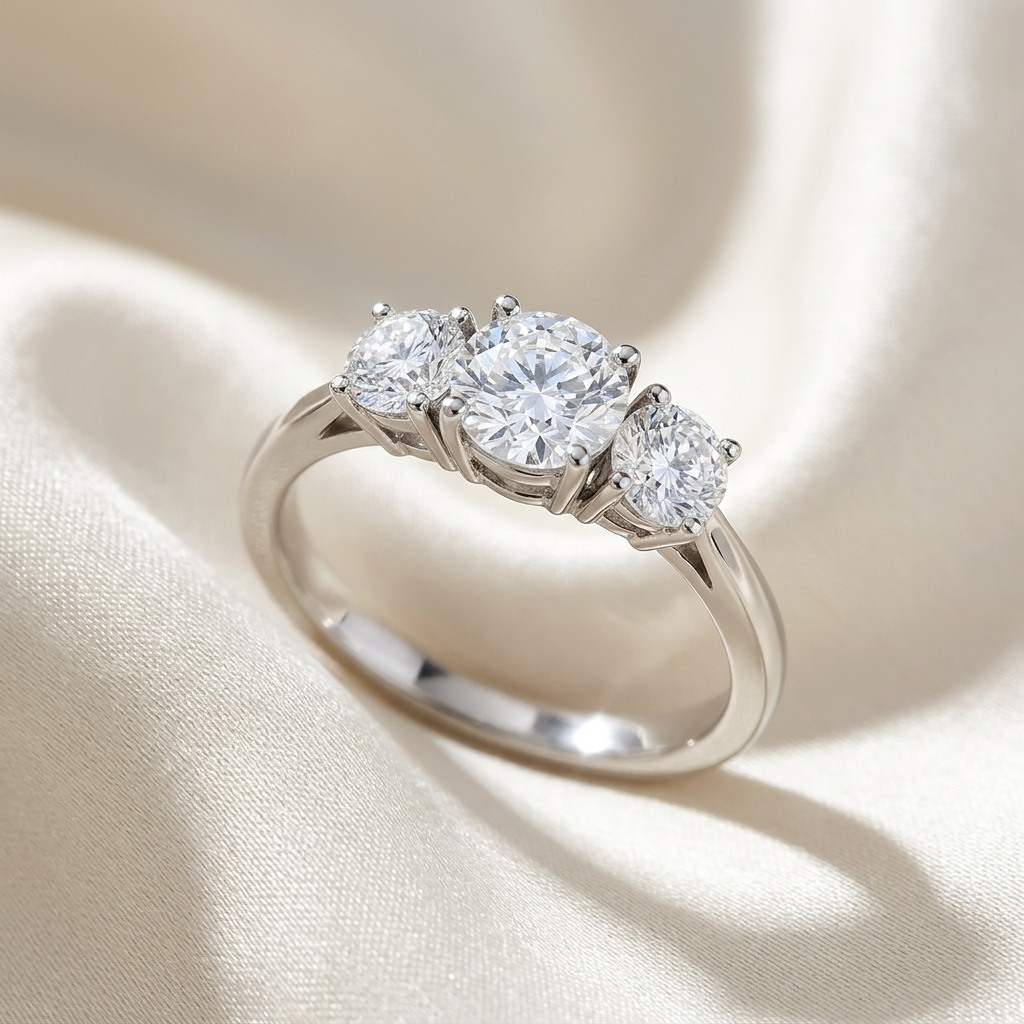 Anouk round brilliant diamond three stone engagement ring, angled view