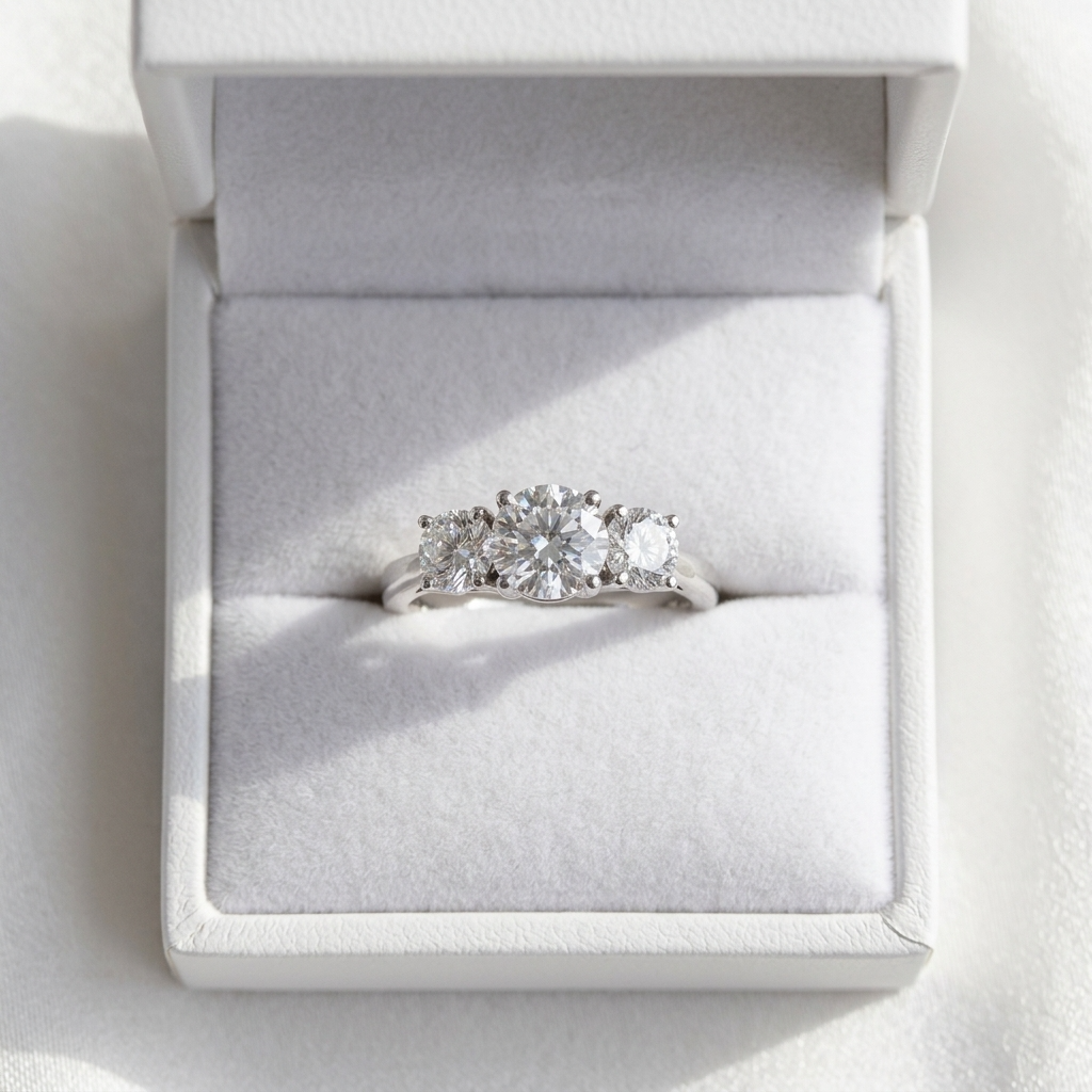 Anouk round brilliant diamond three stone engagement ring, side view
