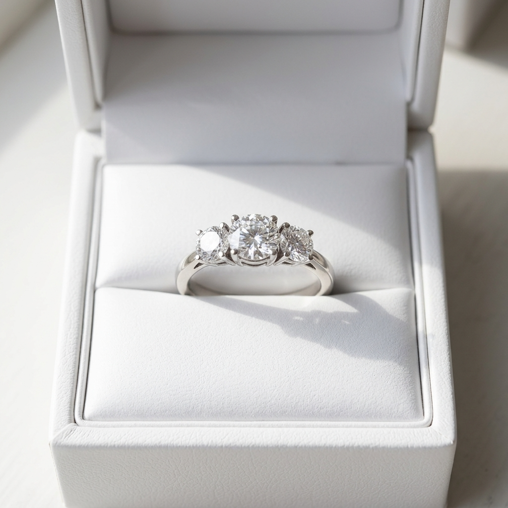 Anouk round brilliant diamond three stone engagement ring detail