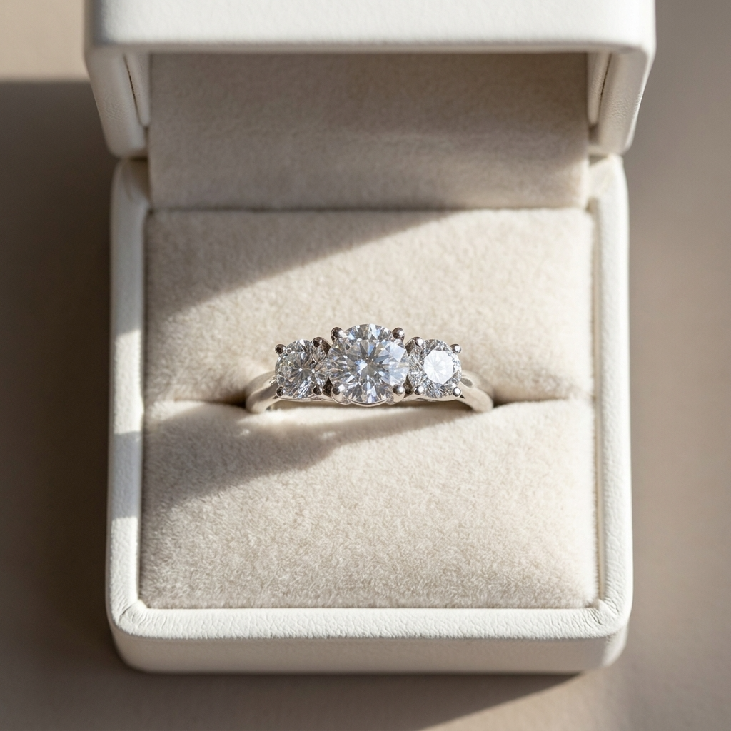 Anouk round brilliant diamond three stone engagement ring, top view
