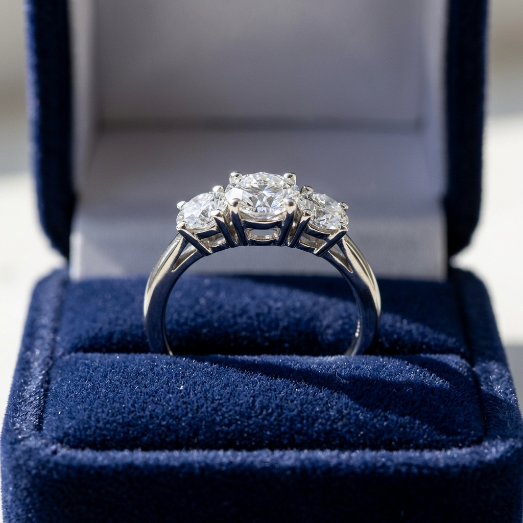 Anouk round brilliant diamond three stone engagement ring on white gold band