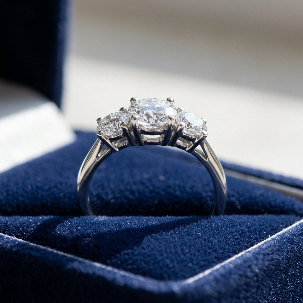 Anouk round brilliant diamond three stone engagement ring, alternate view