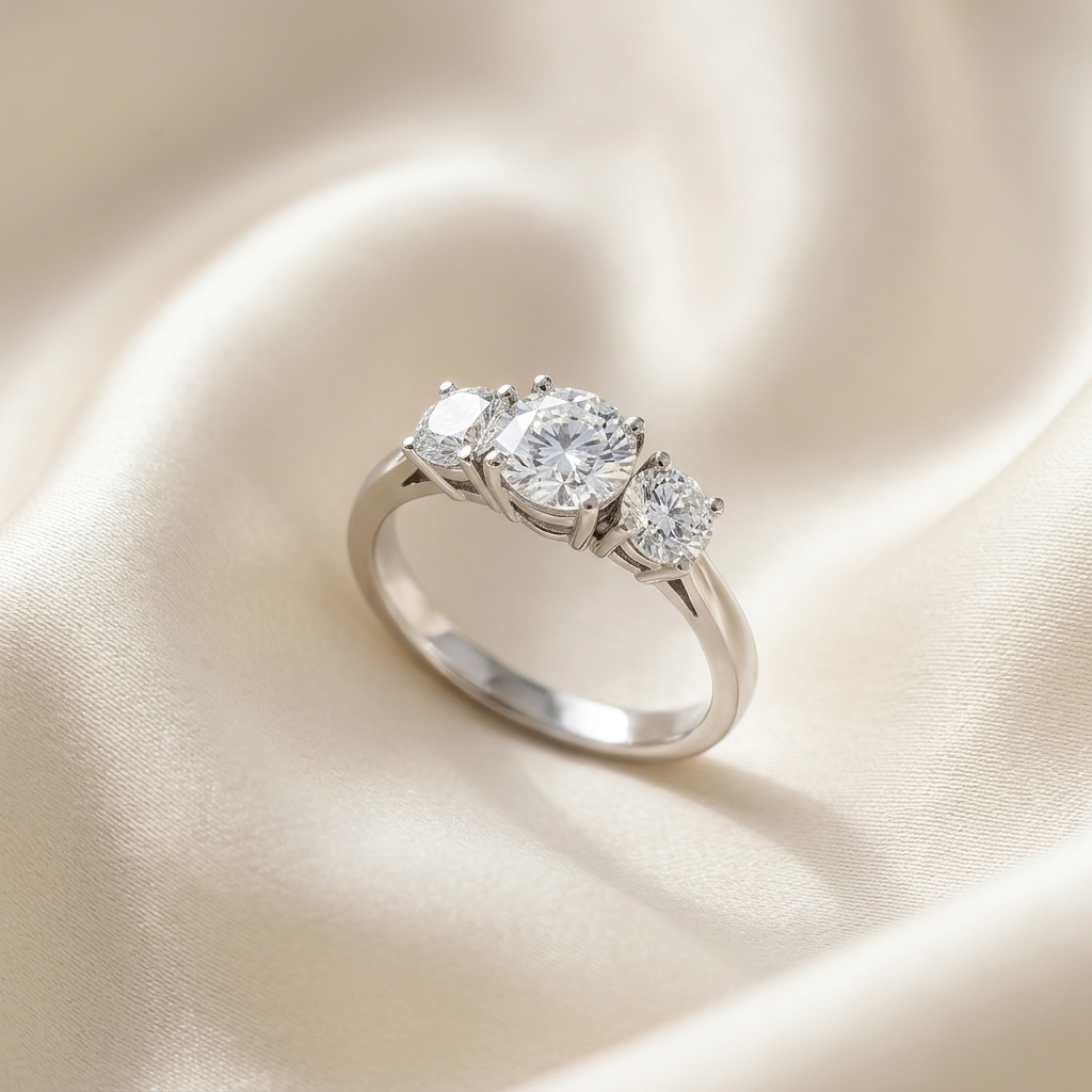Anouk round brilliant diamond three stone engagement ring in white gold