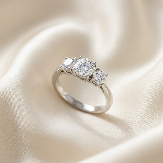 Anouk round brilliant diamond three stone engagement ring in white gold