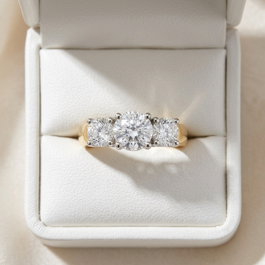 Anouk round brilliant diamond three stone engagement ring, yellow and white gold, angled view