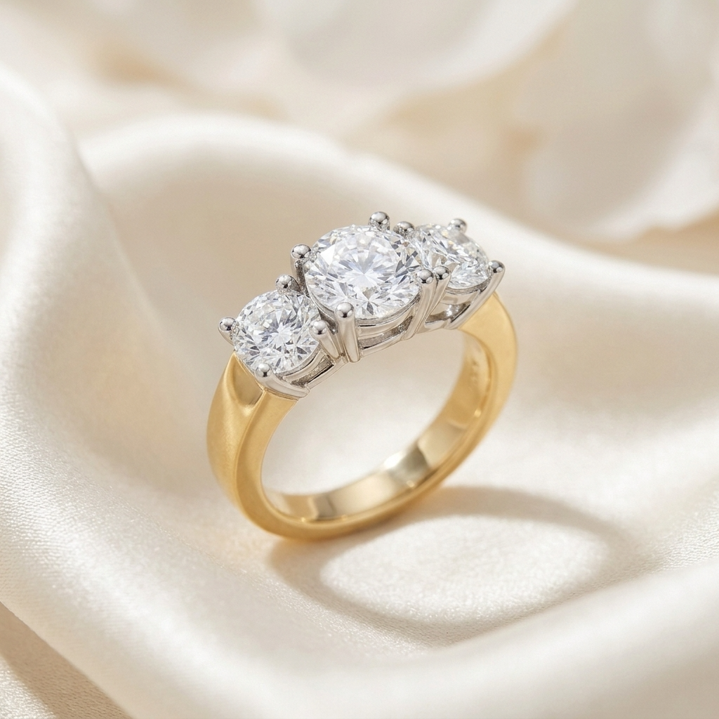Anouk round brilliant diamond three stone engagement ring, yellow and white gold, side view