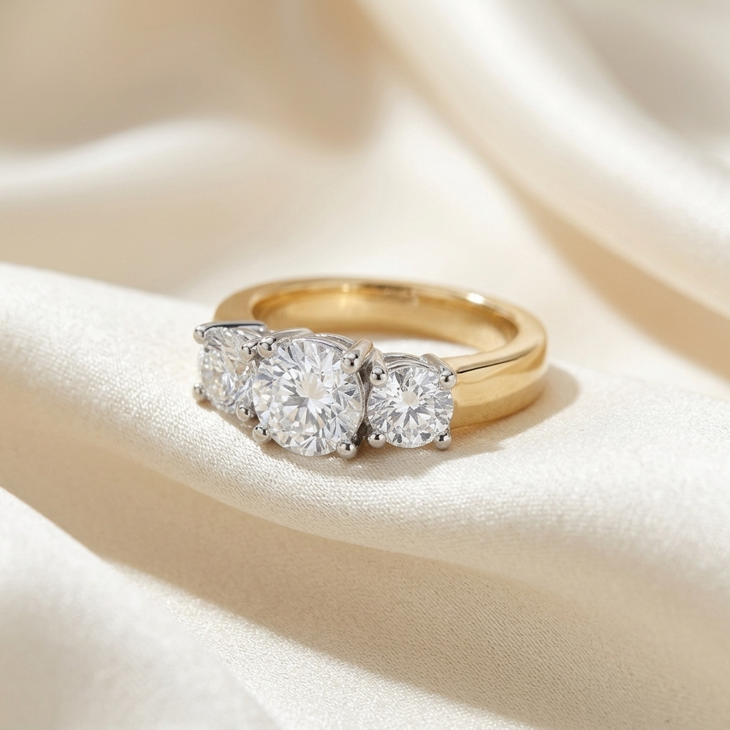 Anouk round brilliant diamond three stone engagement ring, yellow and white gold, detail