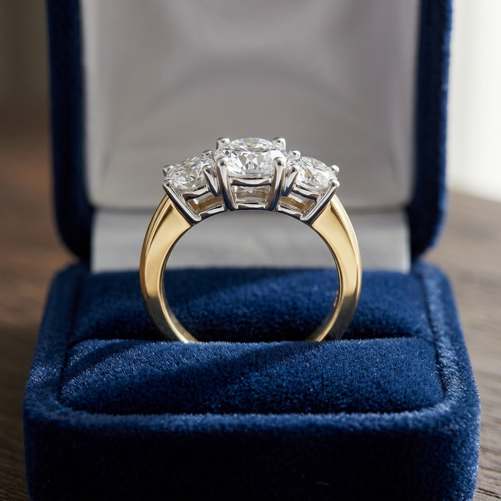 Anouk round brilliant diamond three stone engagement ring, yellow and white gold, top view