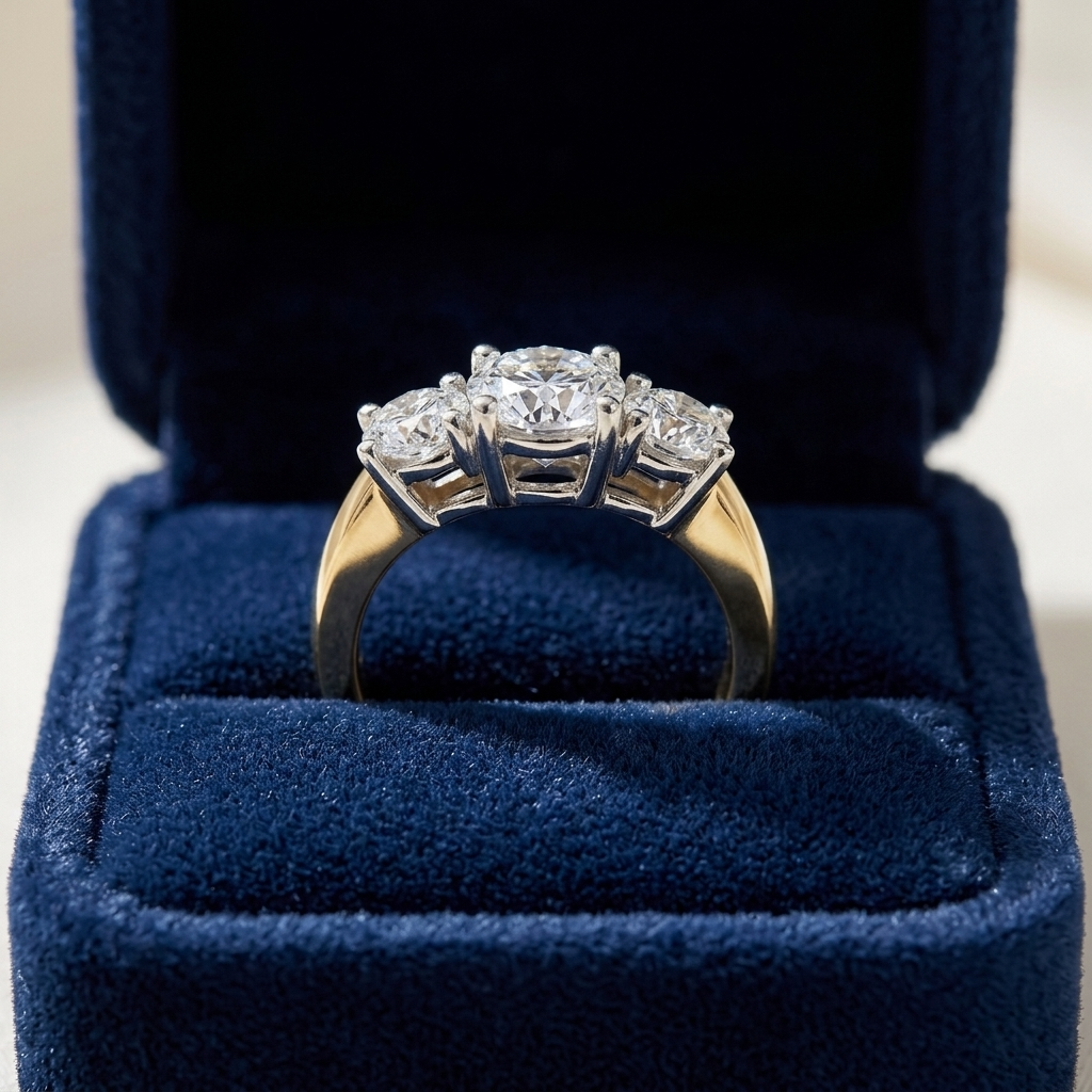 Anouk round brilliant diamond three stone engagement ring on yellow gold band with white gold settings