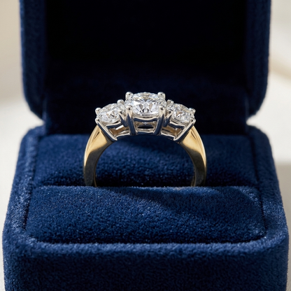 Anouk round brilliant diamond three stone engagement ring on yellow gold band with white gold settings