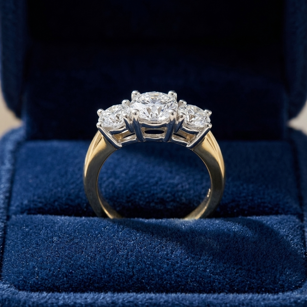 Anouk round brilliant diamond three stone engagement ring, yellow and white gold, alternate view
