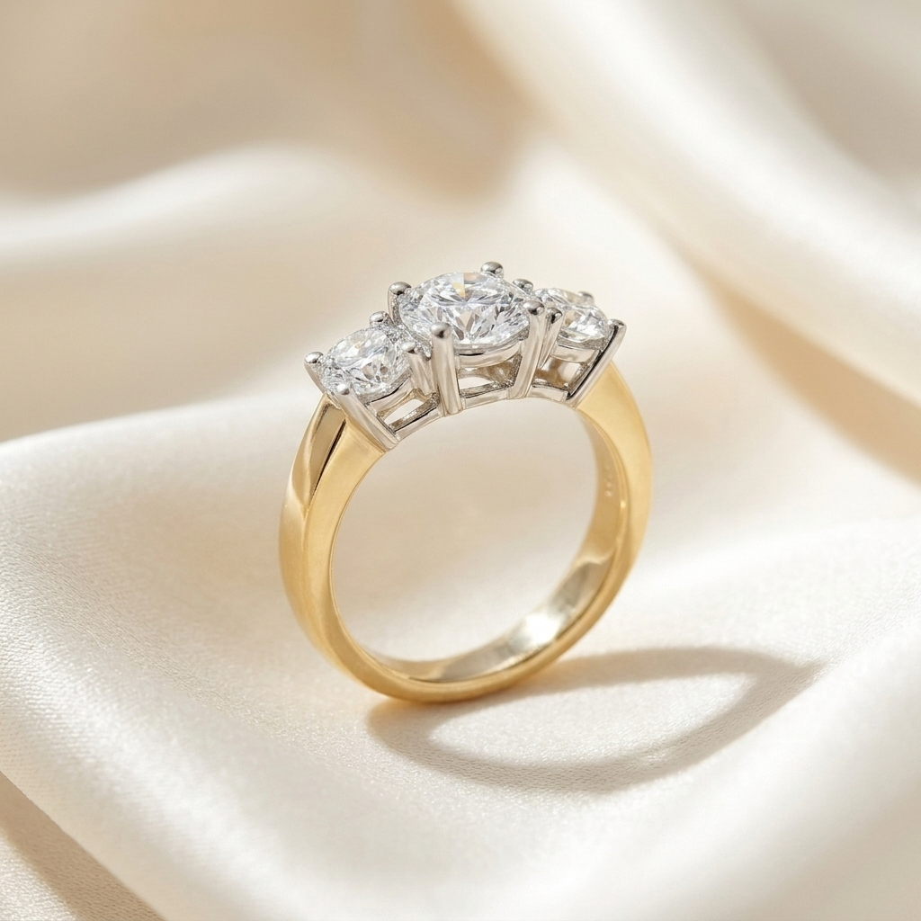 Anouk round brilliant diamond three stone engagement ring, yellow and white gold, front view