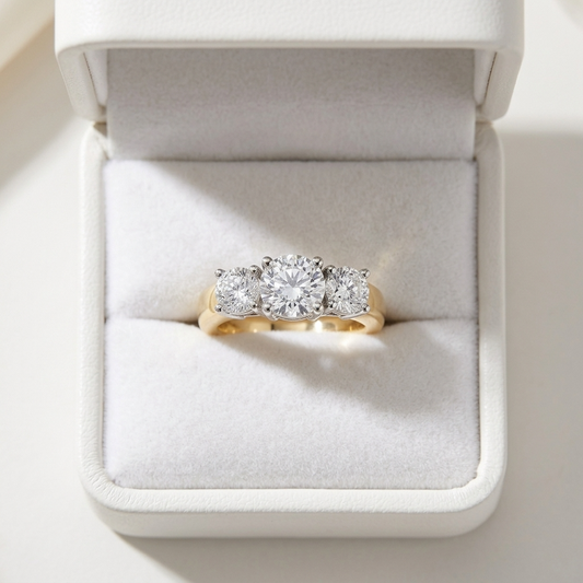 Anouk round brilliant diamond three stone engagement ring in yellow and white gold