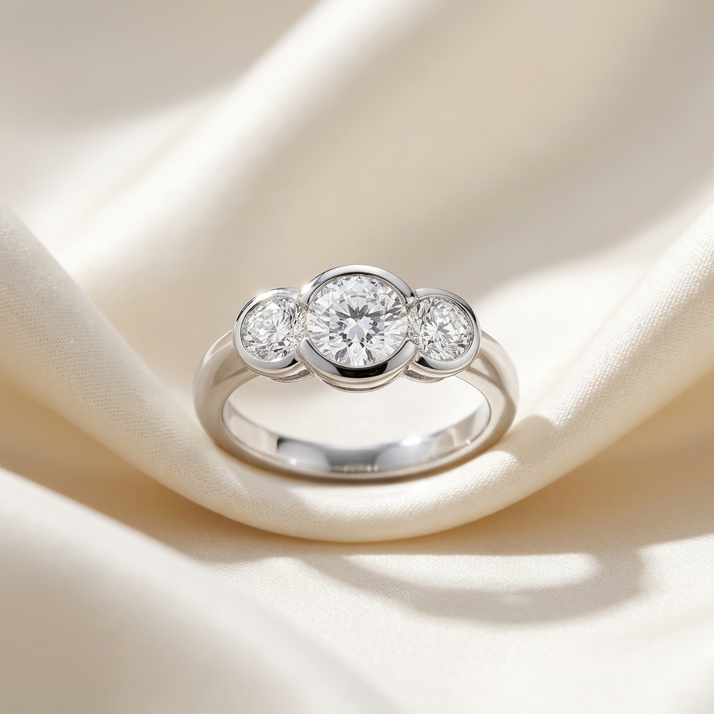 Coralie round brilliant diamond three stone engagement ring detail