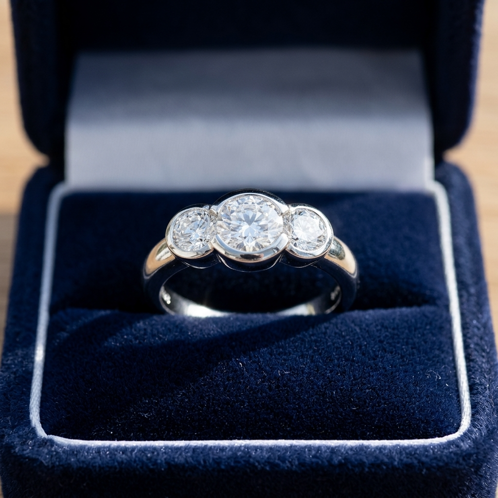 Coralie round brilliant diamond three stone engagement ring, close-up