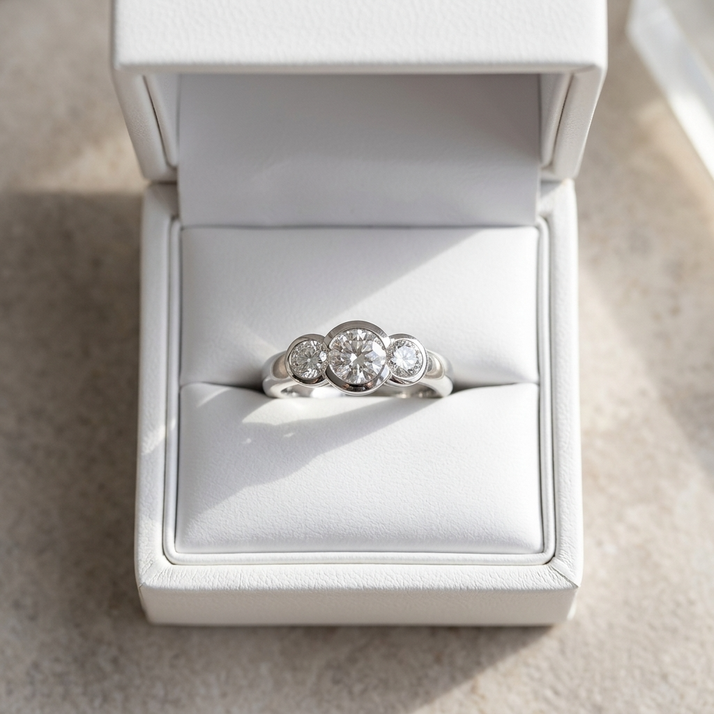 Coralie round brilliant diamond three stone engagement ring, front view