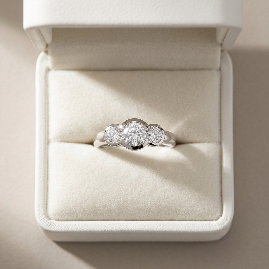 Coralie round brilliant diamond three stone engagement ring, three quarter view