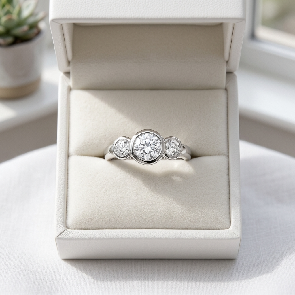 Coralie round brilliant diamond three stone engagement ring, setting detail