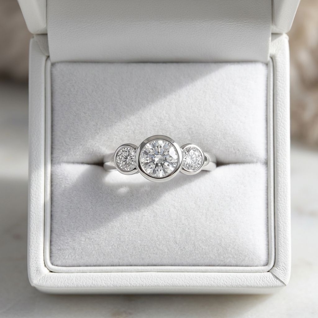 Coralie round brilliant diamond three stone engagement ring, band detail