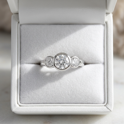 Coralie round brilliant diamond three stone engagement ring, band detail