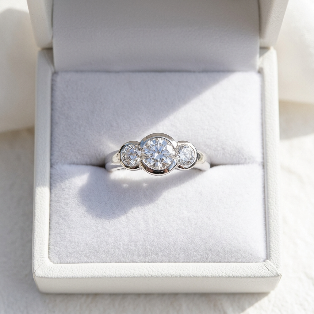 Coralie round brilliant diamond three stone engagement ring, further view
