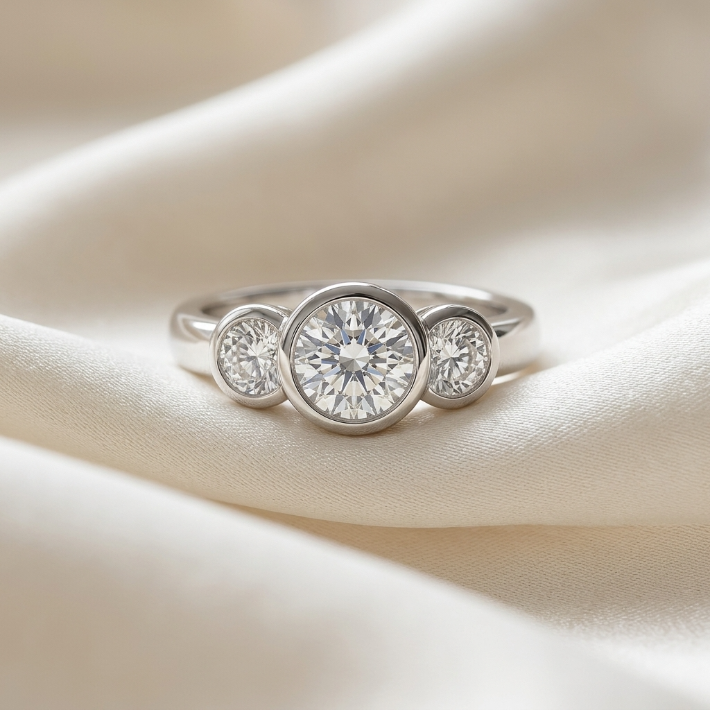 Coralie round brilliant diamond three stone engagement ring, additional angle
