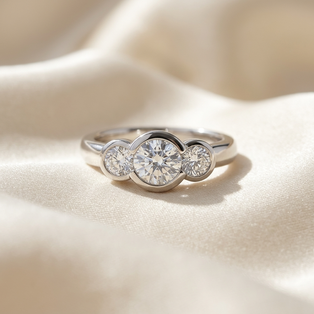 Coralie round brilliant diamond three stone engagement ring, additional view