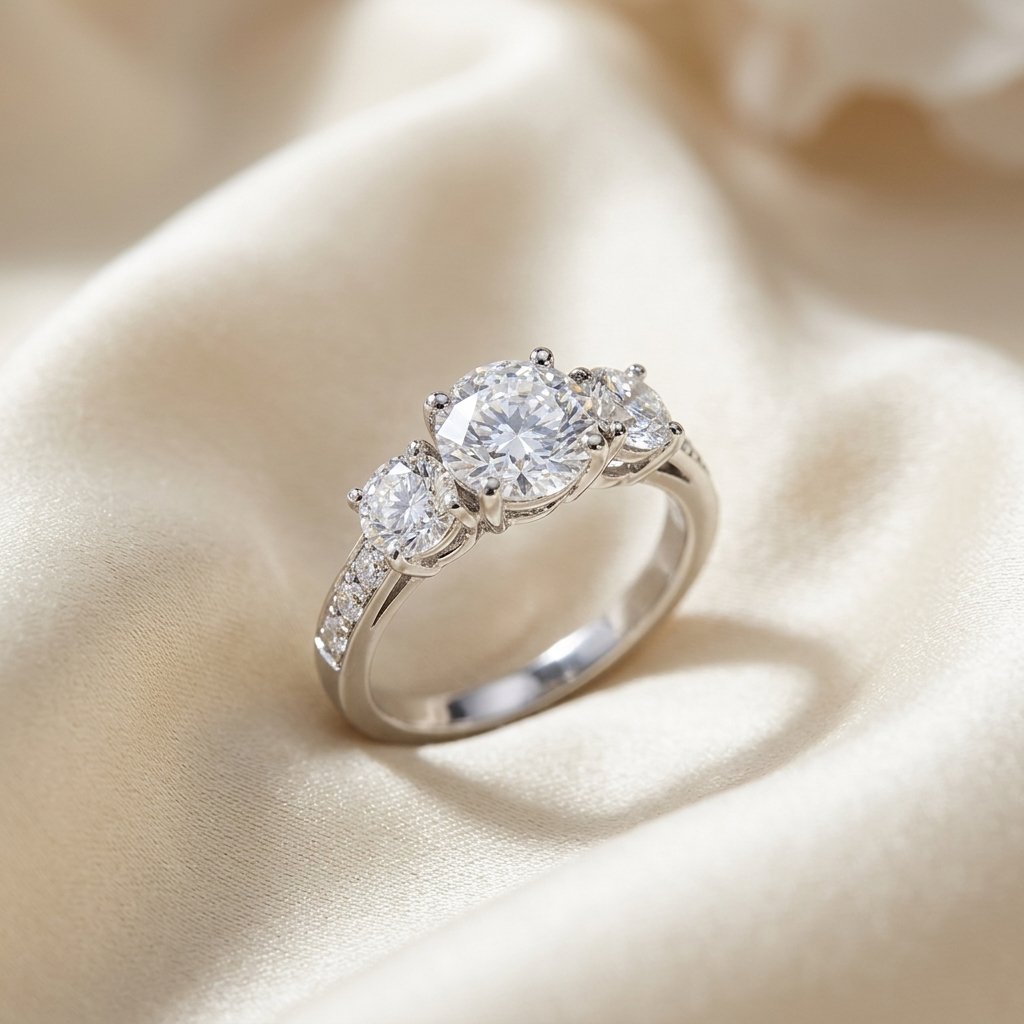 Clemence round brilliant diamond three stone engagement ring in white gold