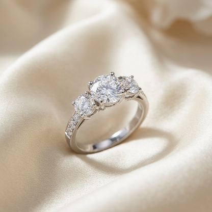 Clemence round brilliant diamond three stone engagement ring in white gold