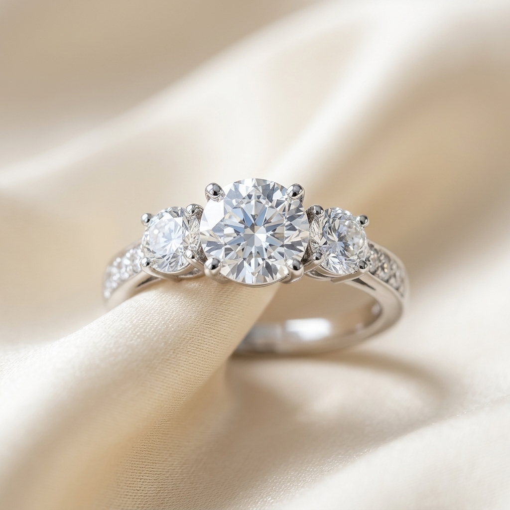 Clemence round brilliant diamond three stone engagement ring, side view