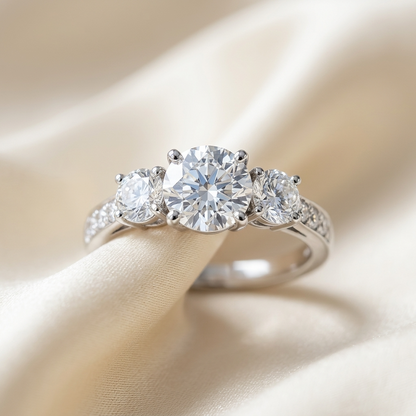 Clemence round brilliant diamond three stone engagement ring, side view