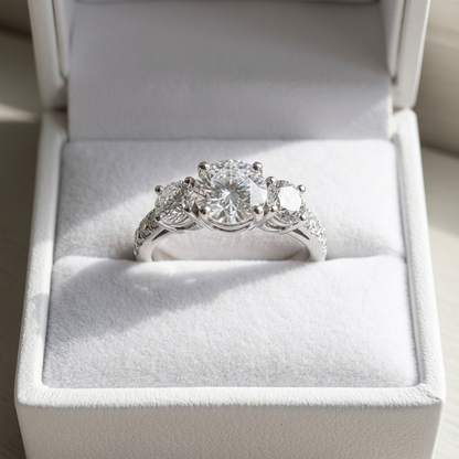Clemence round brilliant diamond three stone engagement ring detail