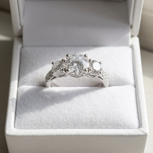 Clemence round brilliant diamond three stone engagement ring detail