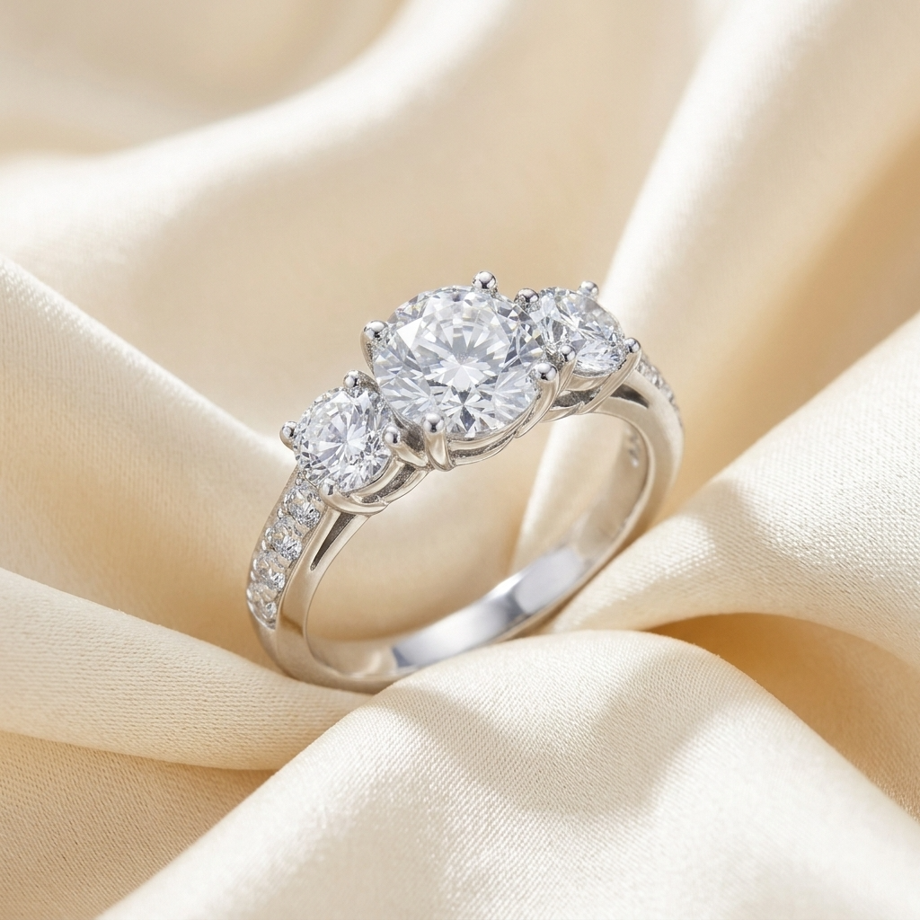 Clemence round brilliant diamond three stone engagement ring, profile view