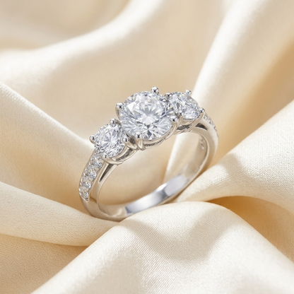 Clemence round brilliant diamond three stone engagement ring, profile view