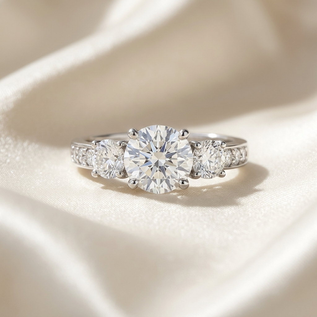 Clemence round brilliant diamond three stone engagement ring, raised view