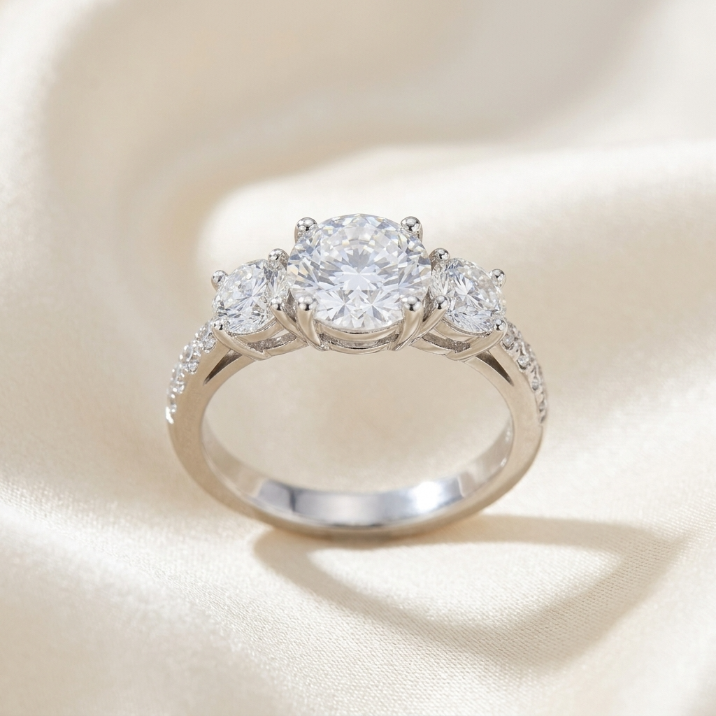 Clemence round brilliant diamond three stone engagement ring, further view