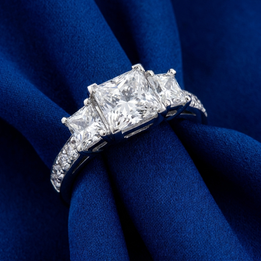Ophelia princess cut diamond three stone engagement ring in white gold