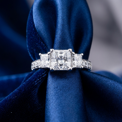 Ophelia princess cut diamond three stone engagement ring, side view