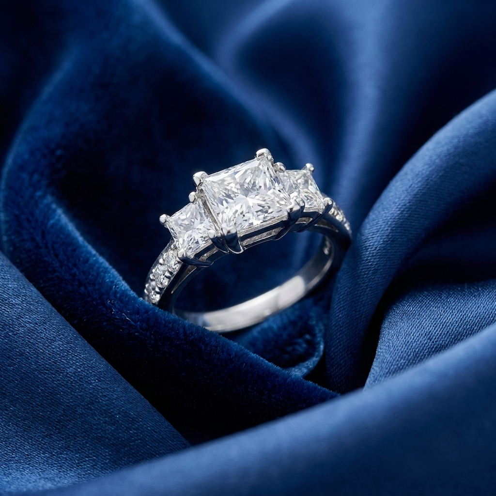 Ophelia princess cut diamond three stone engagement ring detail