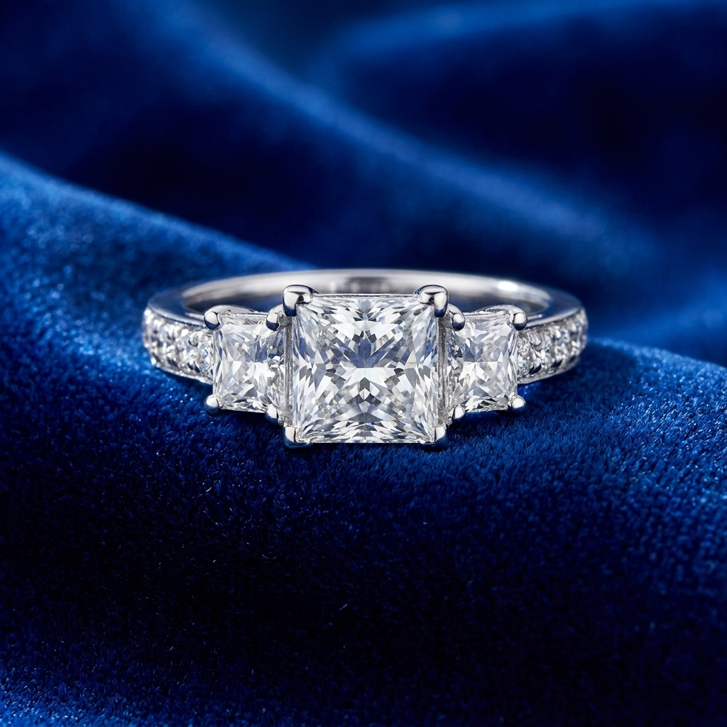 Ophelia princess cut diamond three stone engagement ring, top view