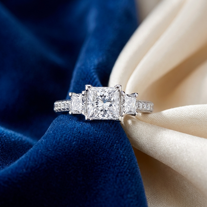 Ophelia princess cut diamond three stone engagement ring, close-up